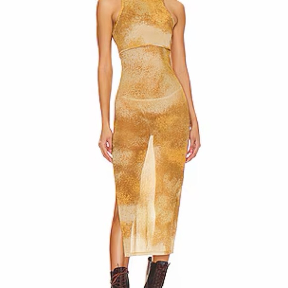 h:ours Golden Brown Mesh Midi Dress